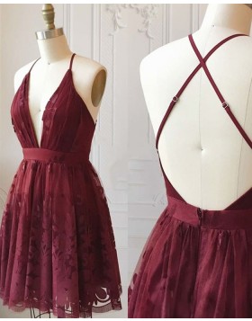 Deep V-neck Burgundy Lace Homecoming Dress HD3500