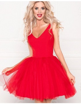 V-neck Red Simple Homecoming Dress with Tulle Skirt HD3506