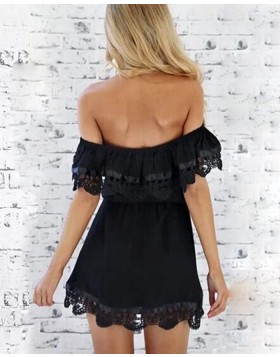 Off the Shoulder Black Short Homecoming Dress with Lace Applique Hems HD3543