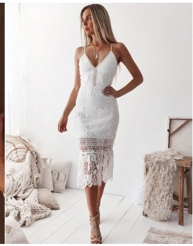 Spaghetti Straps Tight Ankle Length White Lace Formal Dress NHD3544