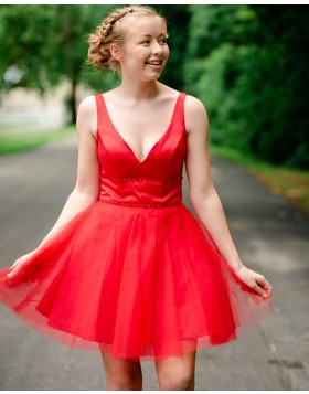 Simple V-neck Red Tulle Beading Homecoming Dress HD3570