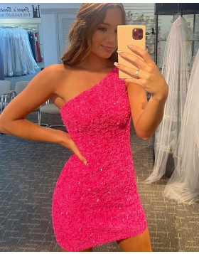 One Shoulder Fuchsia Sequin Tight Homecoming Dress HD3605