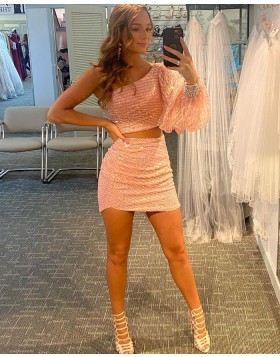 One Shoulder Pearl Pink Two Piece Homecoming Dress with Beading Long Sleeves HD3606