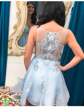V-neck Lace Applique Tulle Light Blue Homecoming Dress HD3615
