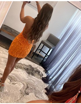 Spaghetti Straps Orange Lace Applique Tight Homecoming Dress HD3696