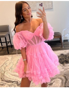 Pink Off the Shoulder Tulle Pleated Homecoming Dress with Short Sleeves HD3704