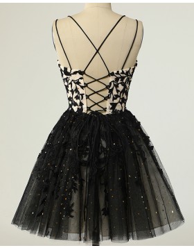 Spaghetti Straps Black Beading & Lace Applique Homecoming Dress HD3740
