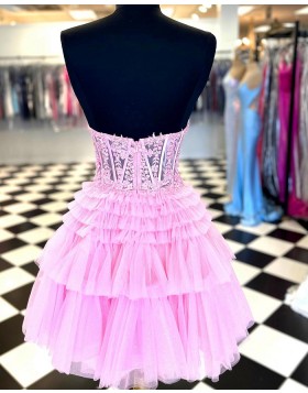 Sweetheart Pink Lace Bodice Ruffled A-line Homecoming Dress NHD3742
