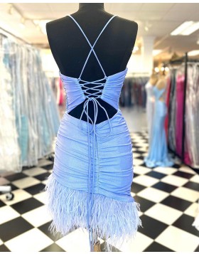 Spaghetti Straps Sparkle Sky Blue Tight Homecoming Dress with Feather NHD3744