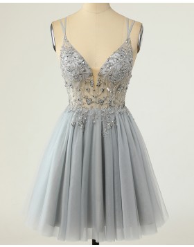 Spaghetti Straps Grey Beading Pleated Tulle Homecoming Dress HD3744