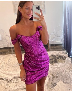 Off the Shoulder Purple Sequin Ruched Tight Homecoming Dress HD3748