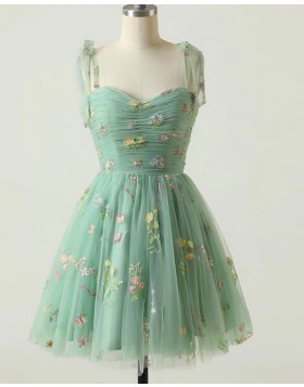 Square Neckline Floral Lace Mint Ruched Homecoming Dress HD3757