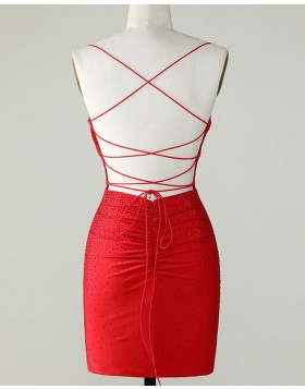 Spaghetti Straps Beading Red Tight Homecoming Dress HD3761