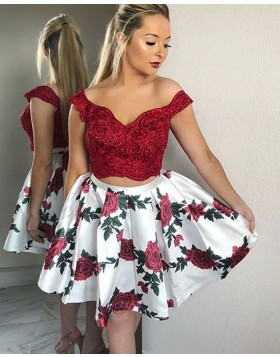 Off the Shoulder Lace Bodice Two Piece Homecoming Dress with Print Skirt HDQ3434