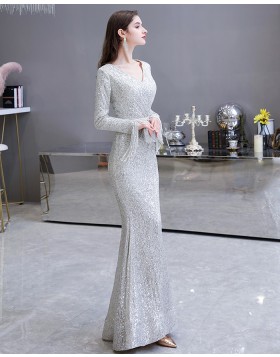 Elegant Silver Sequin Mermaid Evening Dress with Long Sleeves HG24441