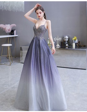 Spaghetti Straps Ombre Starry Sky Satin A-line Evening Dress with Pockets HG39450