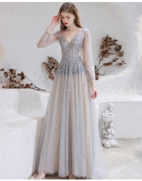 V-neck Beading Tulle Dusty Blue Evening Dress with Long Sleeves HG661014