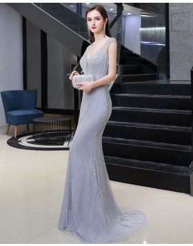 Silver V-neck Beading Mermaid Evening Dress HG92446