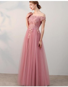 Off the Shoulder Blush Pink Appliqued Bodice Tulle Prom Dress PD1665