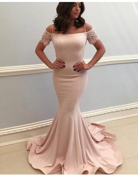 Cold Shoulder Pearl Pink Satin Prom Dress with Lace Short Sleeves PD1667