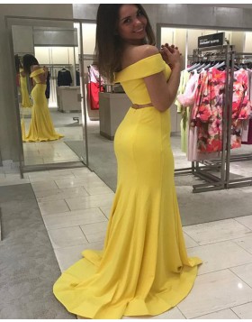 Simple Two Piece Off the Shoulder Yellow Satin Mermaid Prom Dress PD1673
