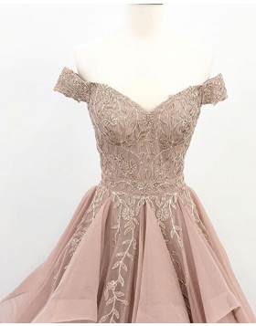 Off the Shoulder Nude Pleated Beading Appliqued Ruffled Evening Dress PD1704