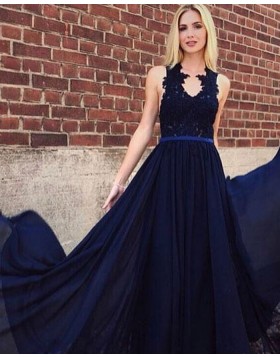 V-neck Navy Blue Lace Appliqued Bodice A-line Prom Dress PD1708