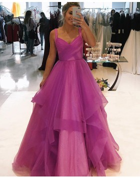 Square Purple Sparkle Tulle Ruffled Prom Dress PD1752