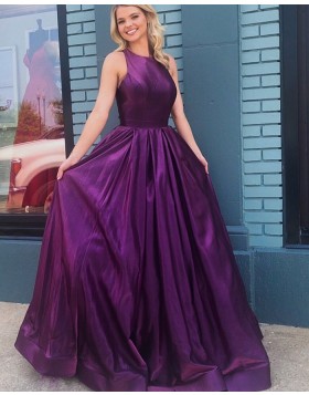Jewel Purple Simple Satin Pleated Prom Dress PD1755