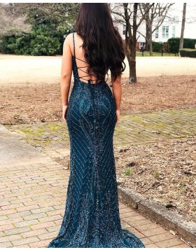 Gorgeous Square Beading Lace Navy Blue Mermaid Evening Dress PD1766