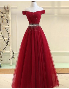 Off the Shoulder Ruched Red Beading Tulle Prom Dress PD1781