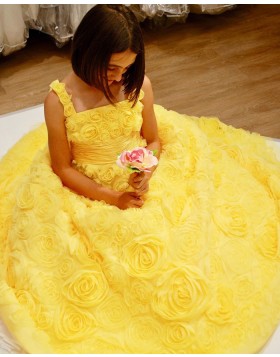 Square Neckline Yellow 3D Flower Lace Prom Dress with Bowknot PD1999
