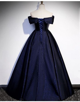 Off the Shoulder Navy Blue Glitter-Knit Evening Dress PD2077