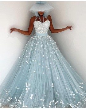 Halter Mint Pleated Appliqued Tulle Evening Dress PD2098