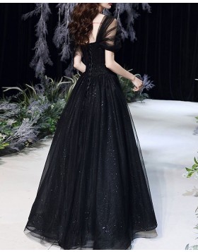 Black Tulle Pleated A-line Prom Dress with Cap Sleeves PD2101