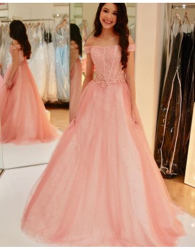Off the Shoulder Coral Pink Tulle Beading & Applique Prom Dress PD2123