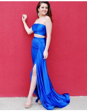 Strapless Two Piece Royal Blue Satin Prom Dress with Side Slit PD2125