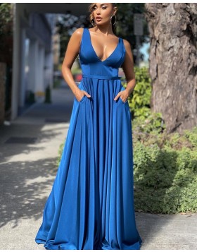 Simple V-neck Blue Satin Prom Dress with Pockets PD2133
