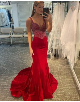 V-neck Red Beading Bodice Satin Mermaid Prom Dress PD2144