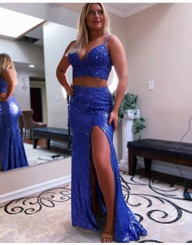 Spaghetti Straps Two Piece Blue Sequin Prom Dress with Side Slit PD2151