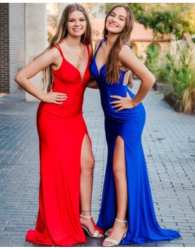 Simple Red Spaghetti Straps Satin Mermaid Prom Dress with Side Slit PD2174