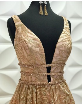 Gold Beading Lace V-neck A-line Pleated Formal Dress PD2195