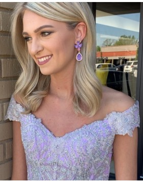 V-neck Lavender Applique Bodice Tulle Prom Dress PD2209