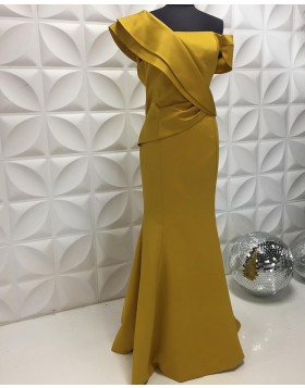 Gold Satin One Shoulder Mermaid Evening Dress PD2210