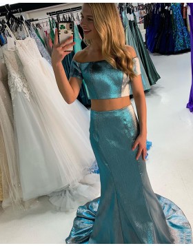 Two Piece Metallic Green Off the Shoulder Prom Dress with Short Sleeves PD2219