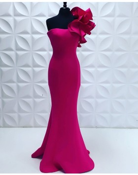 One Shoulder Fuchsia Satin Mermaid Evening Dress with Ruffle Sleeves PD2252