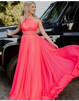 Halter Blush Pink Chiffon Pleated Beading Prom Dress PD2260