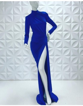 Simple High Neck Blue Sheath Long Sleeve Evening Dress with Side Slit PD2266