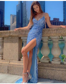 Spaghetti Straps Blue Sequin Mermaid Prom Dress with Side Slit PD2269