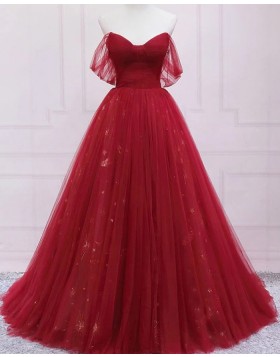 Off the Shoulder Tulle Red Pleated Ball Gown Evening Dress PD2294